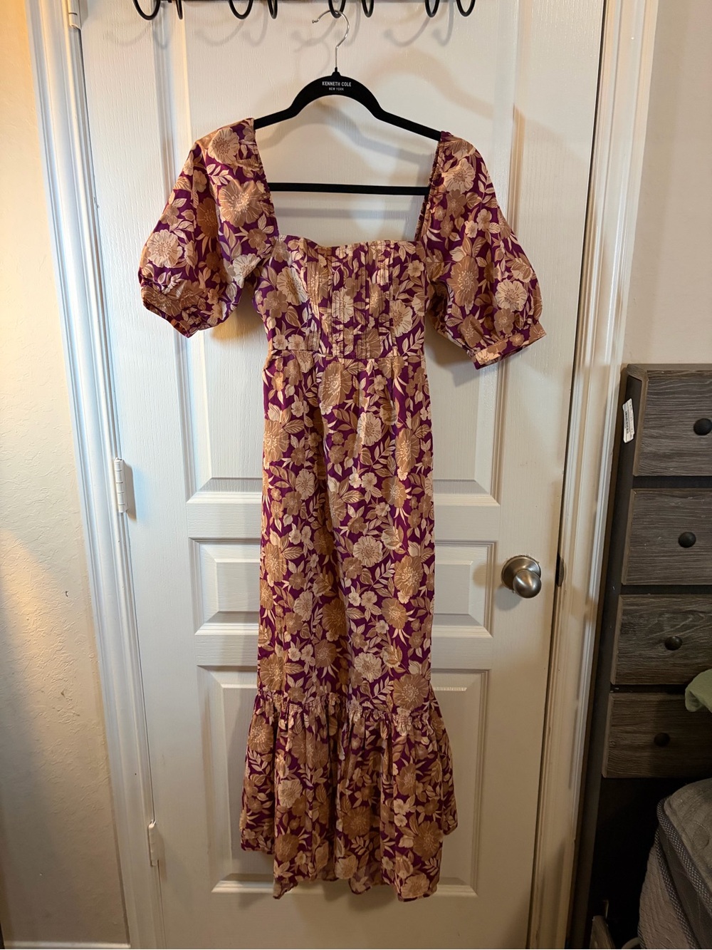 Favorite Daughter Purple and Gold Floral Maxi Dress with Puff Sleeves